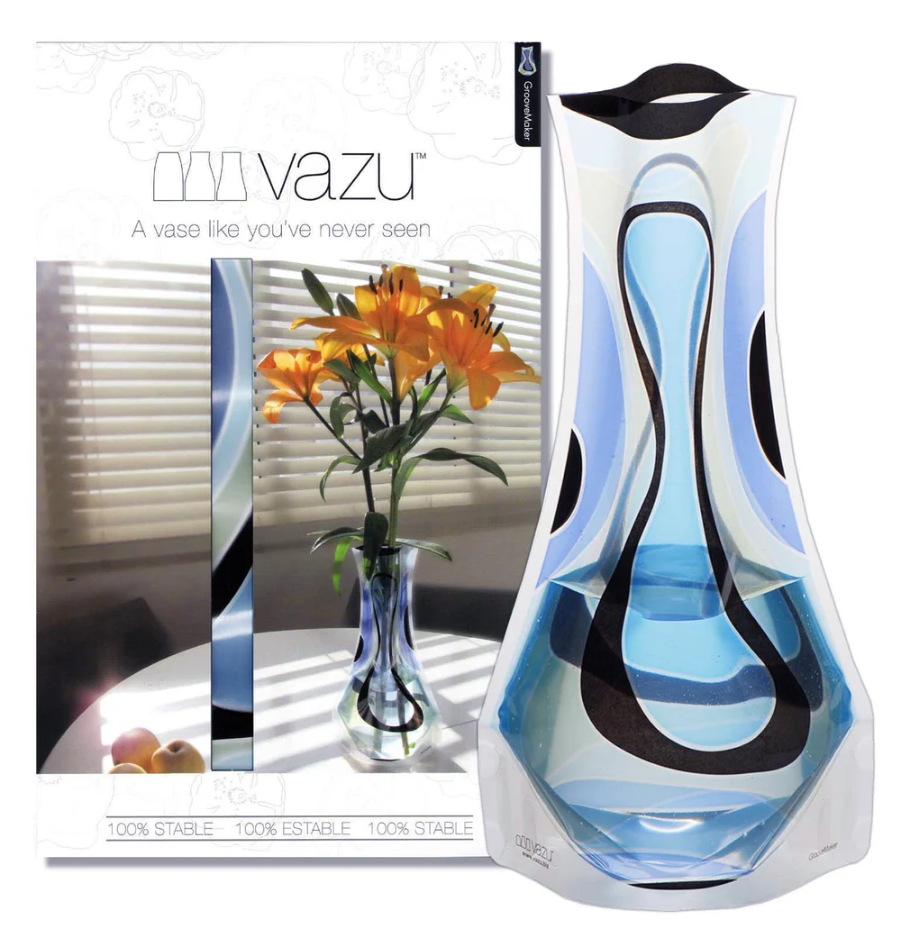 GrooveMaker · Blue & black expandable vase and gift packaging