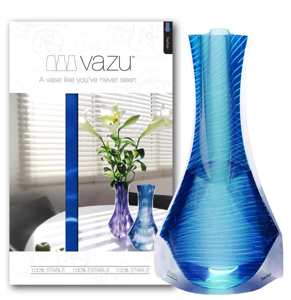 TranSisto · Blue expandable vase and gift packaging